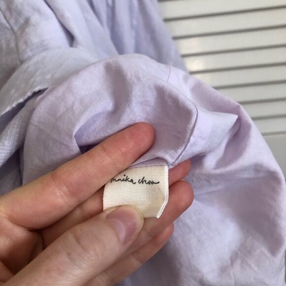 Innika Choo Lavender Pi Furlunche Wrap Ruffled Embroidered Linen Midi Dress - Picture 15 of 16